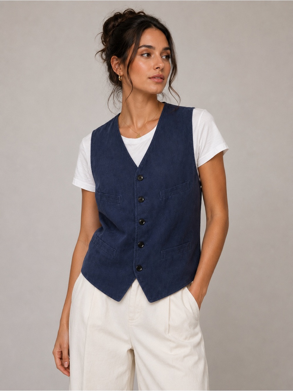 Classic Navy Womens Cotton Vest - Tailored Button Front